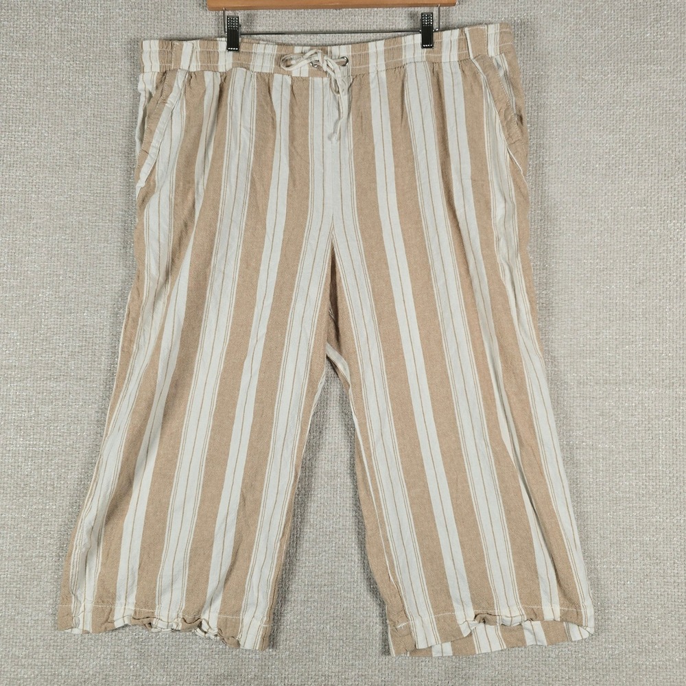 Briggs Woman Tan White Striped Linen Blend Wide Leg Crop Pants‎ Plus Size 20W